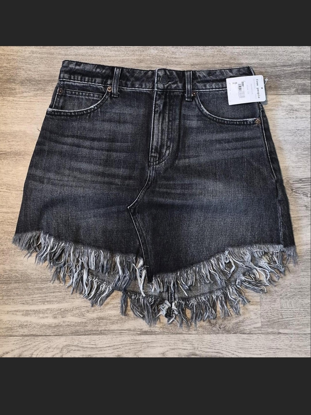 Free People We The Free Black Denim Mini Skirt Frayed Hem High Rise Size 26